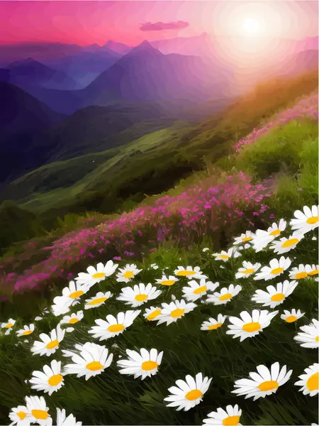 Spring landscape poppy field on background mountains with. Sunset sky, wildlife vector illustration. Beautiful wallpaper summer mood