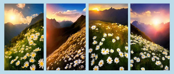 Beautiful blooming white daisies on background mountains and sunset sky with clouds, realistic vector illustration, summer landscape, tourism and travel concept