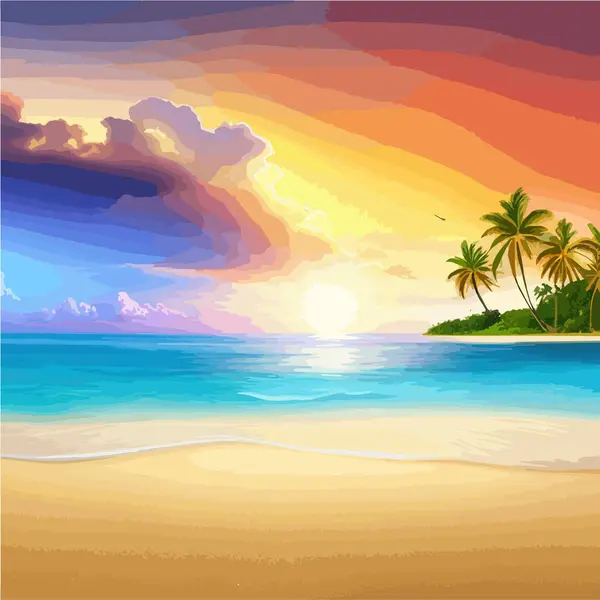 Summer Exotic Beach Landscape sandy shore with green palm trees and blue sea, vector illustration