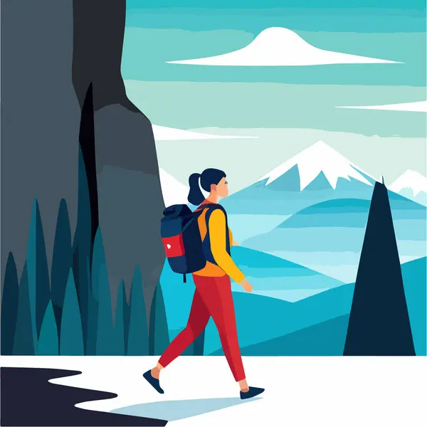 Woman tourist with backpack climbs to top mountain, looks into distance at is on the horizon vector illustration, travel and camping