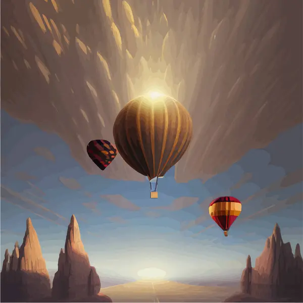 Hot air balloon in sky background and mountains with cloudy sky, vector illustration
