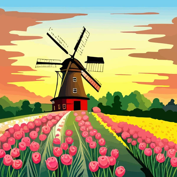 Flower tulips fields painting. Colorful drawing netherlands flower harvest fields. Red, green, orange. Landscape, background, wallpaper. Vector illustration