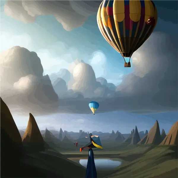 Summer season on nature mountain landscape, hot air balloons and clouds on sky background mystical picture vector illustration