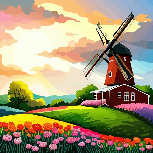 Flower tulips fields painting. Colorful drawing netherlands flower harvest fields. Red, green, orange. Landscape, background, wallpaper. Vector illustration