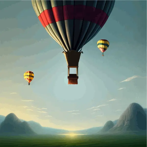Summer season on nature mountain landscape, hot air balloons and clouds on sky background mystical picture vector illustration