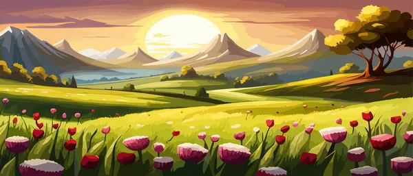 Banner Field of spring flowers tulips in mountains lit by morning sun vector illustration
