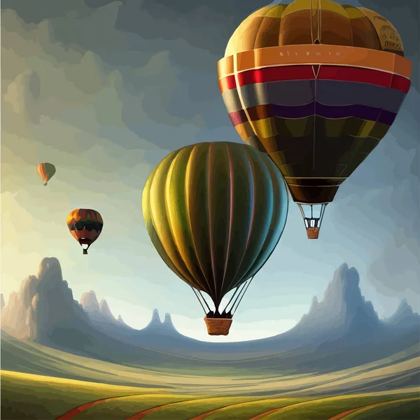 Hot air balloon in sky background and mountains with cloudy sky, vector illustration