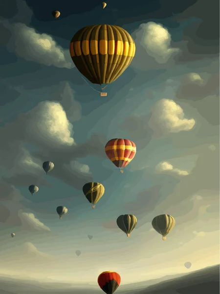 Hot air balloons over cloudy sky and mountains vintage style, vertical vector illustrationEPS 10