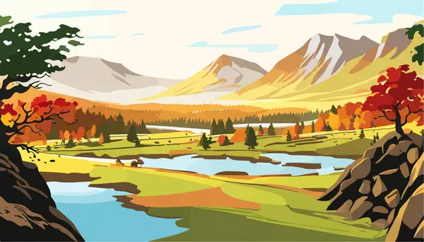 Beautiful river mountain forest. Landscape sharp mountains river bank and pines. Vector illustration nature background picture. Vector illustration