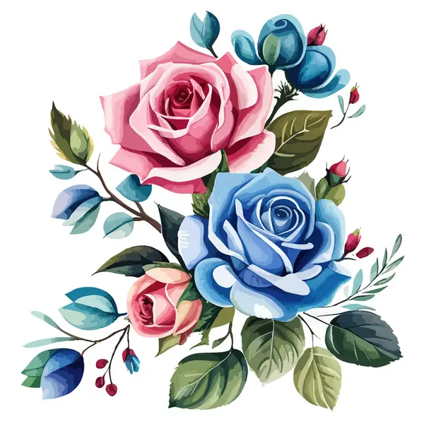 Watercolor flowers. Bouquet flowers pink red and blue roses. Design arrangements for textile, greeting card. Abstraction branch of flowers isolated on white background. Vector illustration