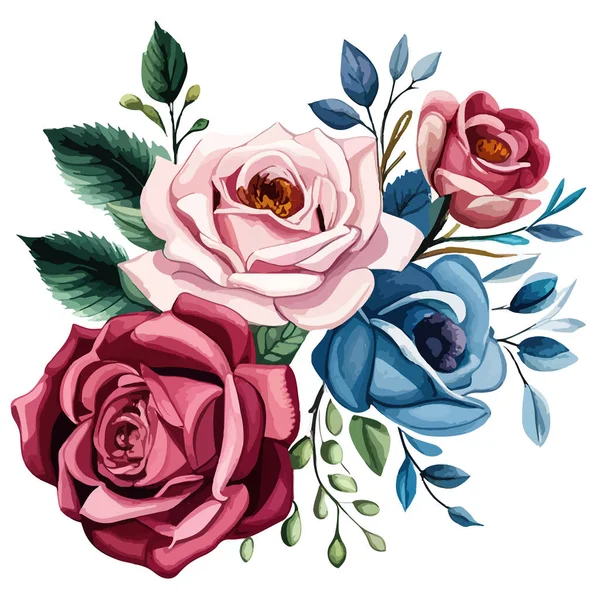 Watercolor flowers bouquets isolated on white background. Stylish fall wedding bunch of flowers red and blue with pink rosesElements are isolated and editable. Vector illustration