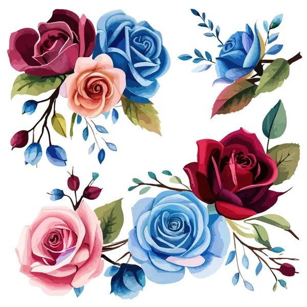 Watercolor flowers. Bouquet flowers pink red and blue roses. Design arrangements for textile, greeting card. Abstraction branch of flowers isolated on white background. Vector illustration