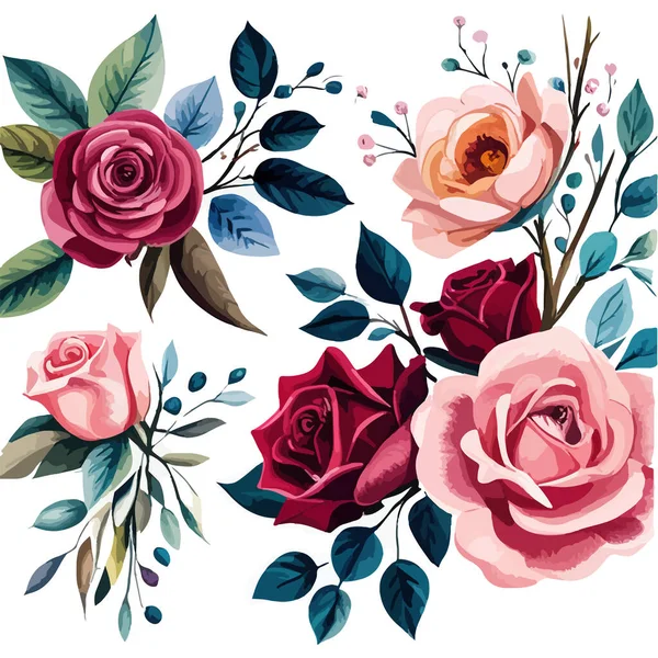 Flowers. Bouquet of roses red blue and pink with leaves. Vintage style. Hand drawn flowers. Vector illustration on a white isolated background