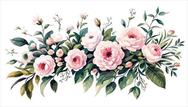 Watercolor flowers pink roses. Floral vector illustration. Bouquet flowers pink rose. Design arrangements for textile, greeting card. Abstraction branch of flowers isolated on white background.