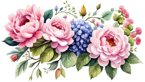 watercolor flowers pink roses and peonies. floral vector illustration, Leaf and buds. Botanic composition for wedding or greeting card. branch of flowers - abstraction roses, hydrangea
