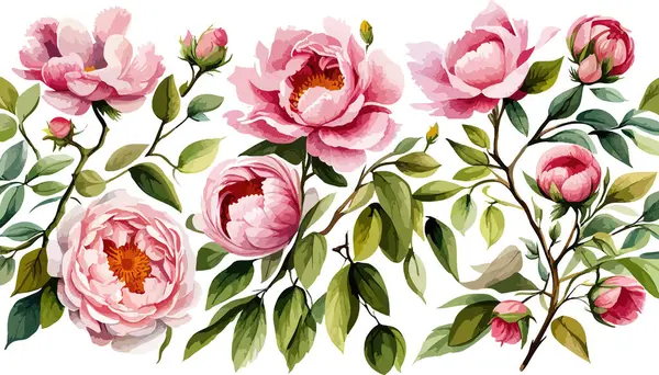 floral branch pattern. Flower pink rose and peonies, green leaves. Wedding concept with flowers. Vector illustration of arrangements for greeting card or invitation design on white background