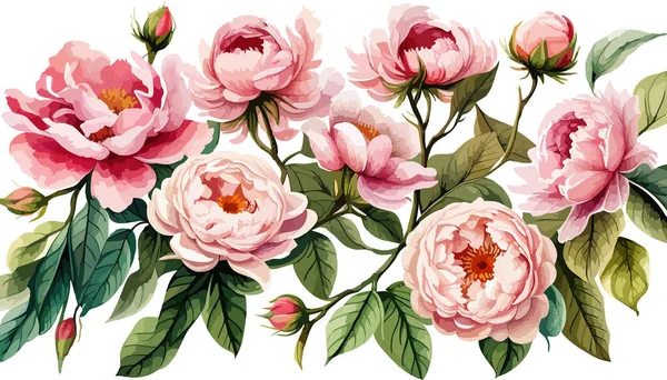 floral branch pattern. Flower pink rose and peonies, green leaves. Wedding concept with flowers. Vector illustration of arrangements for greeting card or invitation design on white background