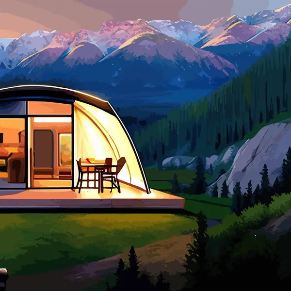 a luxury camping tent on a meadow for outdoor holidays against mountains and sky, outdoor recreation concept, vector illustration. Vector illustration