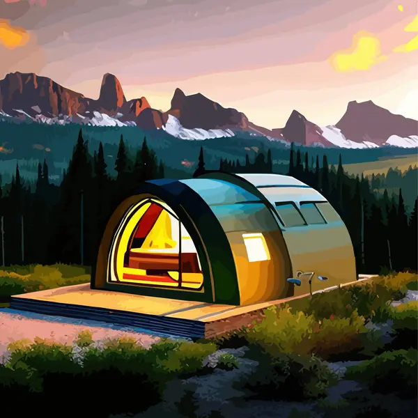 camping with mountain and sunset, sunrise, outdoor recreation concept at one with nature, vector illustration. Vector illustration