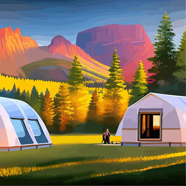 camping with mountain and sunset, sunrise, outdoor recreation concept at one with nature, vector illustration. Vector illustration