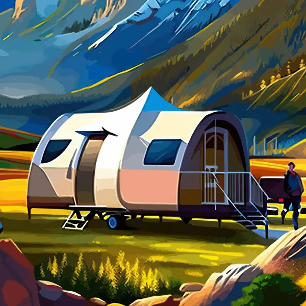 a luxury camping tent on a meadow for outdoor holidays against mountains and sky, outdoor recreation concept, vector illustration. Vector illustration