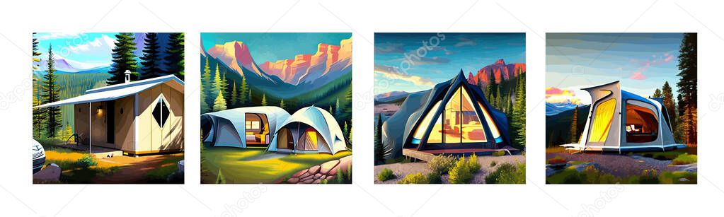 Banner set Camping concept art. vector illustration of beautiful landscape, mountains, forest and tent, Design for banner, poster, website, emblem, logo and others. Vector illustration