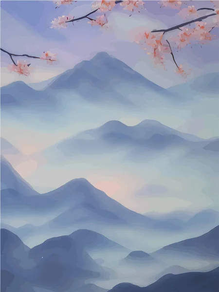 Foggy morning landscape with sky. Branches blooming pink cherry trees against the backdrop of mountains with clouds. Cherry blossom in early spring. Vector illustration