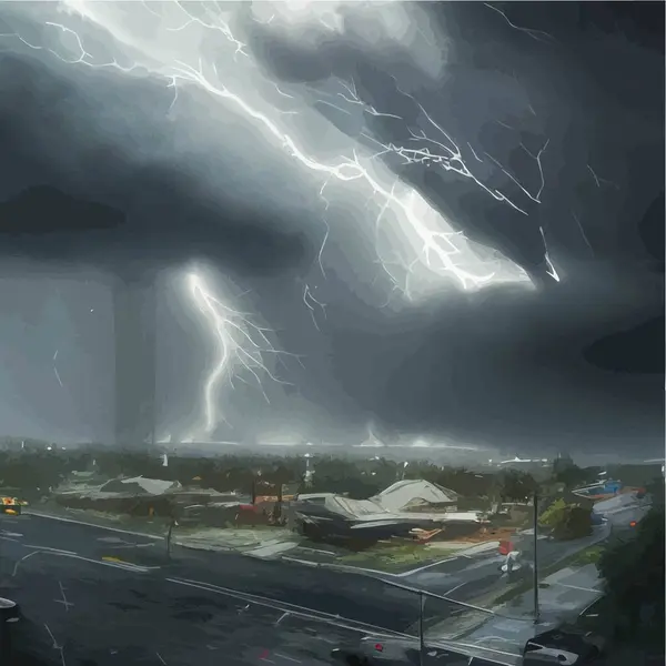 Destructive tornado destroys house, trees will break. Bad weather and sign distress and warning. Storm wind and downpour with thunderstorm and dark clouds. Vector illustration apocalyptic landscapes
