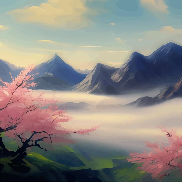 Foggy morning landscape with sky. Branches blooming pink cherry trees against the backdrop of mountains with clouds. Cherry blossom in early spring. Vector illustration