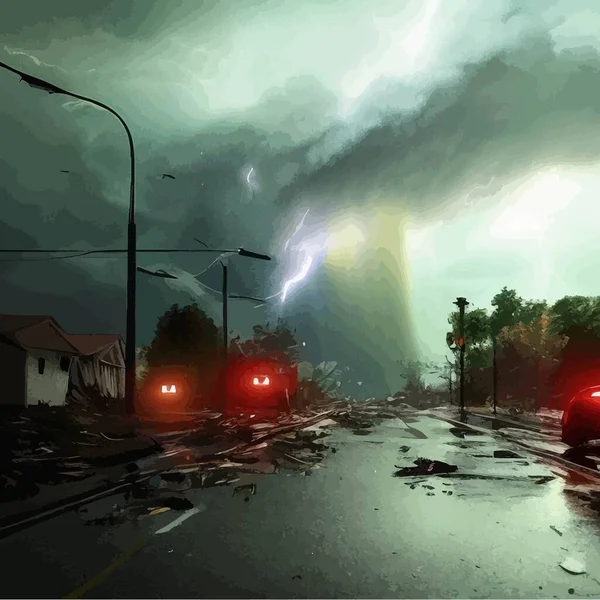Destructive tornado destroys house, trees will break. Bad weather and sign distress and warning. Storm wind and downpour with thunderstorm and dark clouds. Vector illustration apocalyptic landscapes