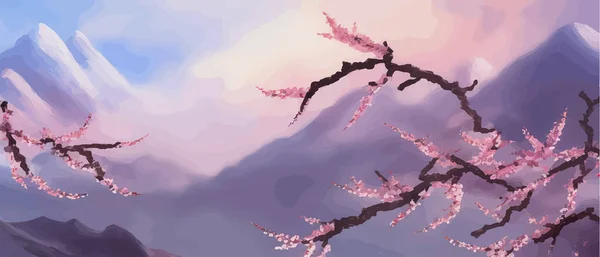 Landscape with branch sakura blossom trees. Misty mountains in clouds. Oriental nature in the morning at dawn, spring sakura landscape, beautiful vector illustration as wallpaper