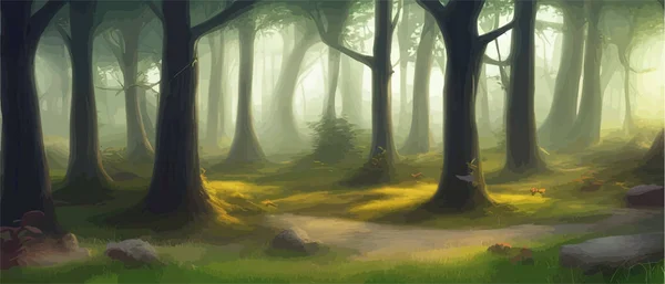 Forest cartoon backgrounds, natural landscape with deciduous trees, green grass, bushes and patches of sunlight on the ground. Landscape view, summer or spring wood vector illustration