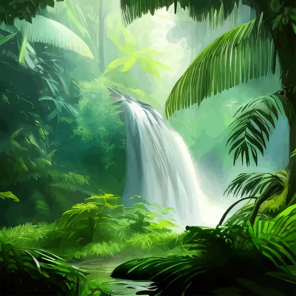Spring landscape with waterfall in tropical forest. Vector illustration rivers trees with green foliage, green grass and stone. Natural park, wildlife