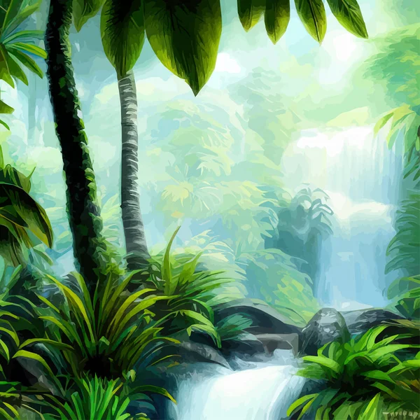 Spring landscape with waterfall in tropical forest. Vector illustration rivers trees with green foliage, green grass and stone. Natural park, wildlife