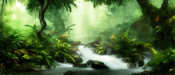 Jungle waterfall vector illustration. Fantasy mystical fauna. Tropical forest landscape. Panoramic scene with trees and river flow. Exotic land. Amazon Waterfall. Rainforest backgrounds