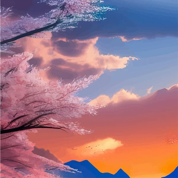 Spring landscape with cherry blossom sakura, green meadow on hill, blue sky and cloud, nature or summer landscape, beautiful mountains with sakura and field vector illustration