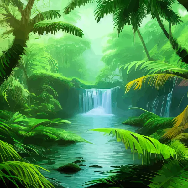 Tropical forest. Landscape with waterfall and river with tree trunks and green grass. Vector cartoon illustration of wild forest, tropical forest with mountain river.