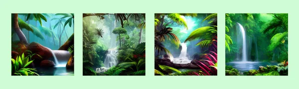 Waterfall Jungle Landscape Vector illustration. Tropical natural scenery with cascade of stones, river water flows, green exotic forest with wildlife, beautiful picture for your design