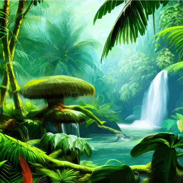 Tropical forest. Landscape with waterfall and river with tree trunks and green grass. Vector cartoon illustration of wild forest, tropical forest with mountain river.