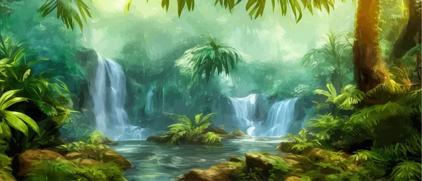 Waterfall Jungle Landscape Vector illustration. Tropical natural scenery with cascade of stones, river water flows, green exotic forest with wildlife