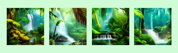 Waterfall Jungle Landscape Vector illustration. Tropical natural scenery with cascade of stones, river water flows, green exotic forest with wildlife, beautiful picture for your design