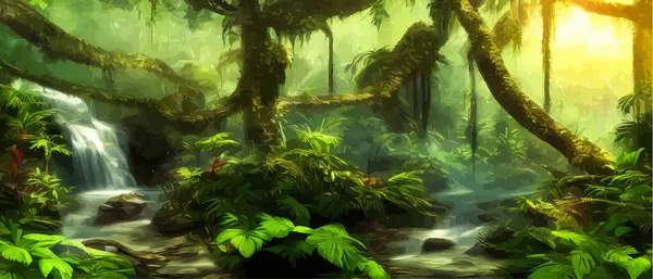 Jungle waterfall vector illustration. Fantasy mystical fauna. Tropical forest landscape. Panoramic scene with trees and river flow. Exotic land. Amazon Waterfall. Rainforest backgrounds