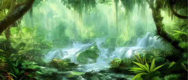 Green tropical rainforest with waterfall and stones on a sunny day, wildlife vector illustration, natural landscape