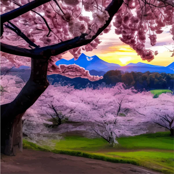 Bright morning landscape with sky. Branches flowering cherry trees against backdrop mountain. Traditional Japanese Hanami Festival Sakura blossoms in early spring. Vector illustration