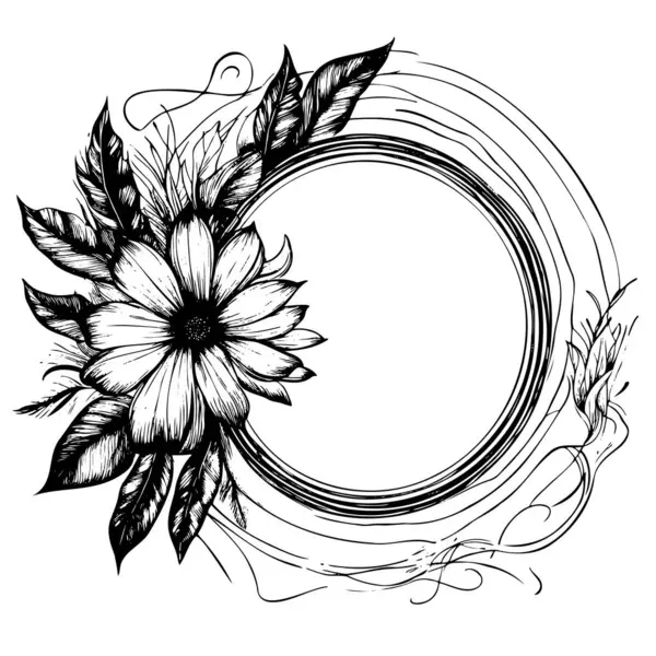A black and white flower with a white background. The flower is surrounded by a circle. The flower is the main focus of the image