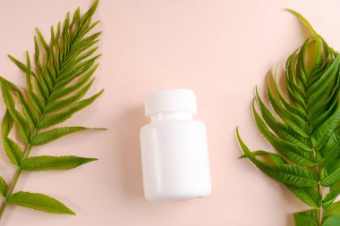 Beyaz hap şişesi yeşil yapraklı bitkinin yanında duruyor. Şişe boş, fabrika dolu ve yemyeşil. İlaç şişesi tıbbı temsil ettiği için sağlık ve sağlık kavramını kabul edin.