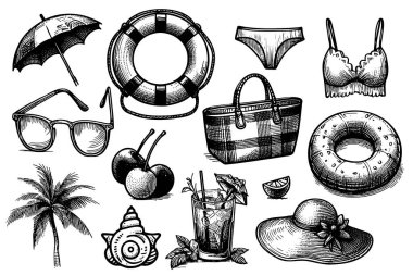 Plaj temalı eşyaları ayarlayın. Şapka, şemsiye ve can yeleği de dahil. ögeler stil ve sanatsal yolla çizilir