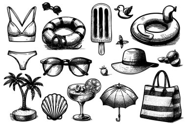 Bikini, güneş gözlüğü, şapka, plaj şemsiyesi, soğutucu, el çantası ve can yeleği gibi plaj eşyaları.