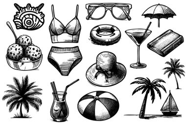 Koleksiyon plajı ve bikini, güneş gözlüğü, şapka, içki ve tekne de dahil olmak üzere havuz temalı eşyalar.