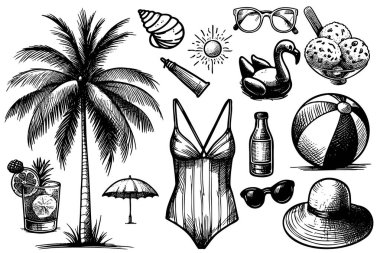 Palmiye ağacı, şemsiye ve bikini, güneş gözlüğü ve şapka gibi çeşitli plaj aksesuarları olan bir çizim sahnesi.